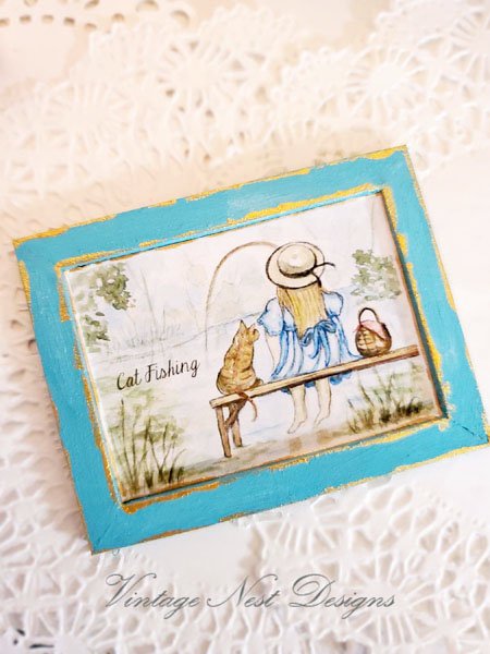 Cat Fishing No.1:3 Dollhouse Miniature Handamade Wooden Framed Art image 6