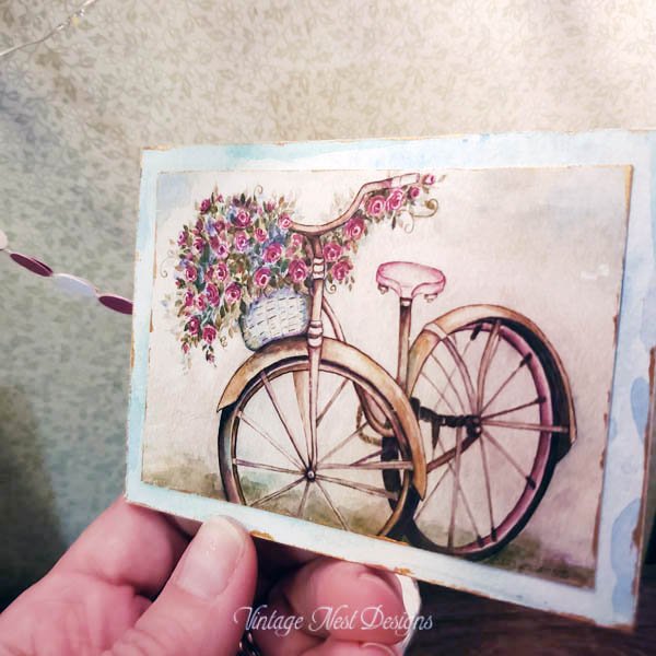 Roses on a Bicycle No.1:2 Dollhouse Miniature Handmade Wooden Framed Art image 3