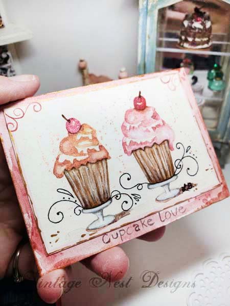 Le Treats Two Cupcakes No.2:3 Dollhouse Miniature Handmade Wooden Framed Art image 2