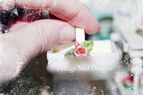 Basket with Roses Wooden Box No.1 Dollhouse Miniature Handmade image 1