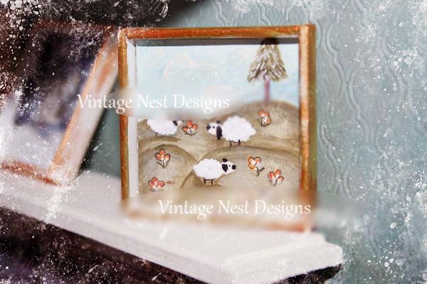 Sheep No.2:1 Dollhouse Miniature Handmade Wooden Framed Art image 0