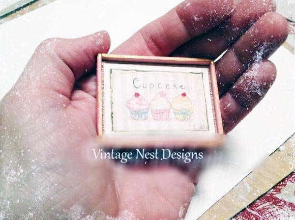 Three Cupcakes No.4:1 Dollhouse Miniature Handmade Wooden Framed Art image 1