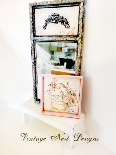 Basket of Flowers No.1:1 Dollhouse Miniature Handmade Wooden Framed Art image 6