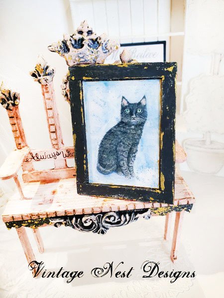 Black Cat No.1:1 Dollhouse Miniature Handmade Wooden Framed Art image 4