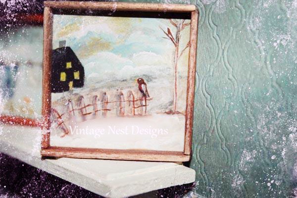 Bird on a Fence No.1:1 Dollhouse Miniature Handmade Wooden Framed Art image 0