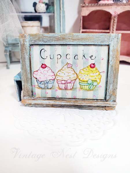 Three Cupcakes No.4:2 Dollhouse Miniature Handmade Wooden Framed Art image 4