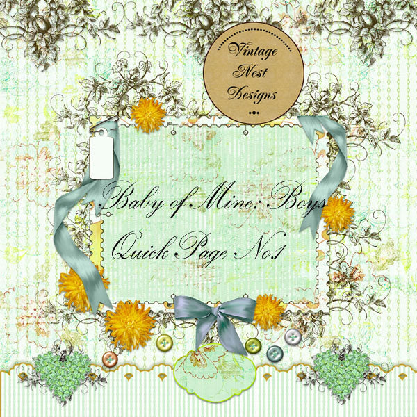 Decorative design with floral elements and text on a light green background, featuring the brand 'Vintage Nest Designs'.