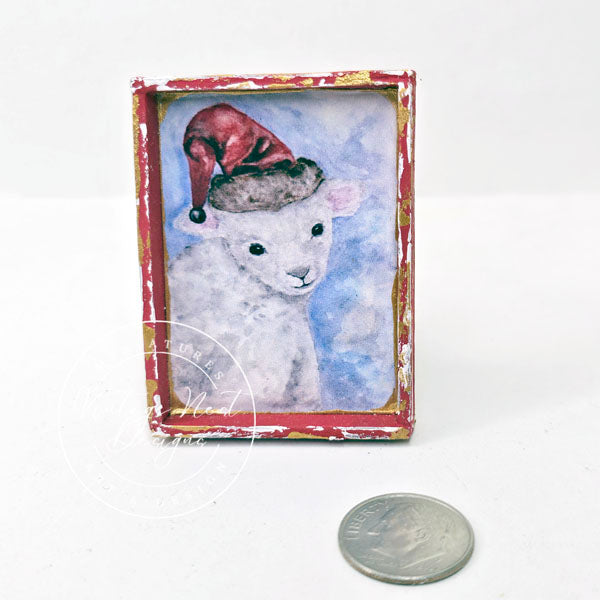 Christmas Lamb No.1:1 Dollhouse Miniature Handmade Wooden Framed Art