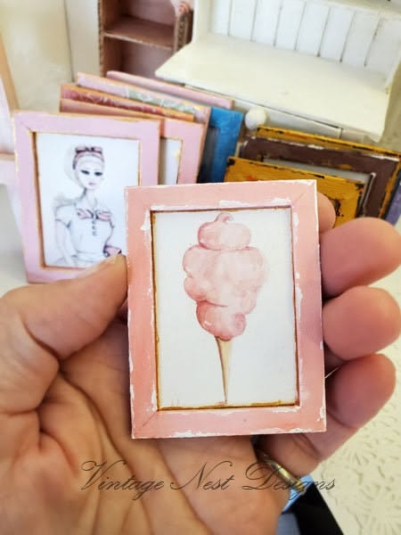 Miniature Cotton Candy No.1:1 Handmade Wooden Framed Art for Diorama Shadow Box
