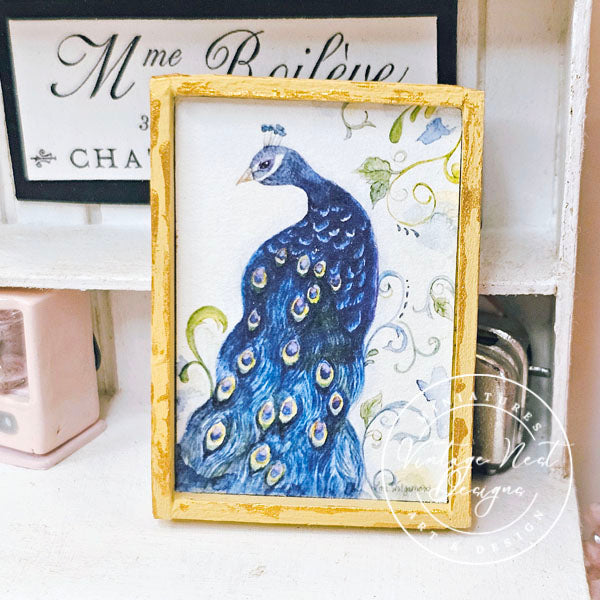 Peacock No.1:1 Dollhouse Miniature Handmade Wooden Framed Art