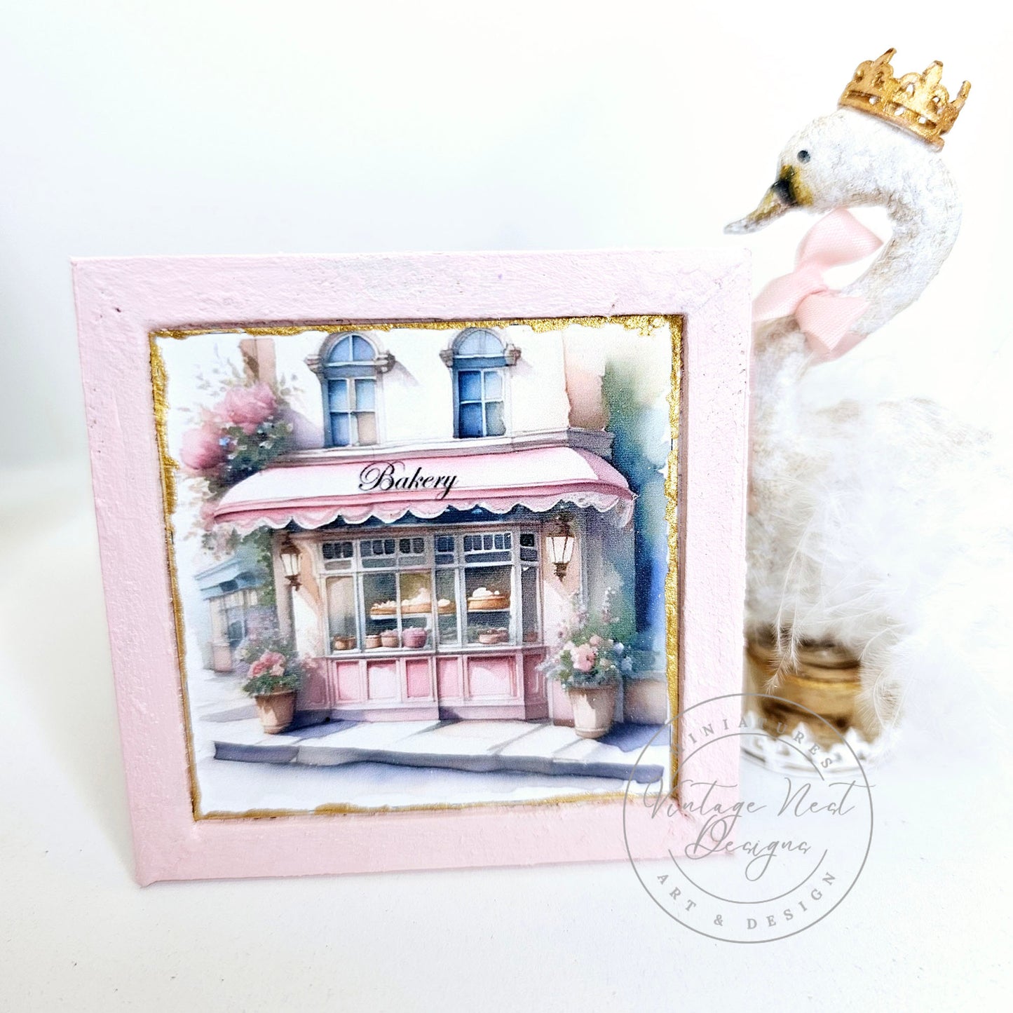 Miniature Pink Bakery Shop No.1:2 Wooden Framed Art Handmade for Dollhouse