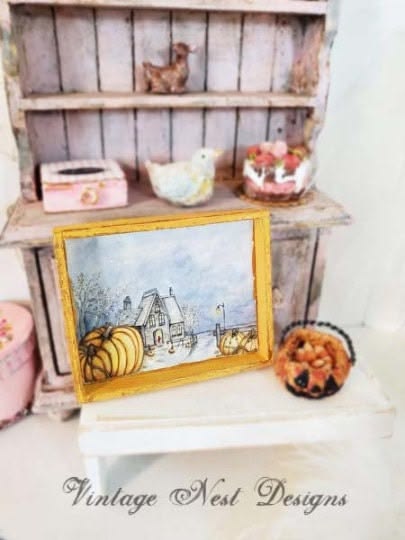 Halloween-Kürbisse Nr. 2:3 Puppenhaus Miniatur Handgemalte Kunst im Holzrahmen