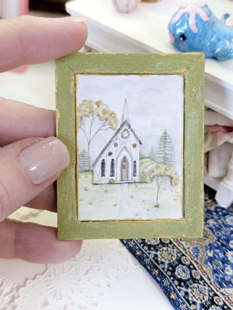 Miniature Primitive Church No.2:2 Art Handmade for Dollhouse Wall Decor Diorama Shadow Box