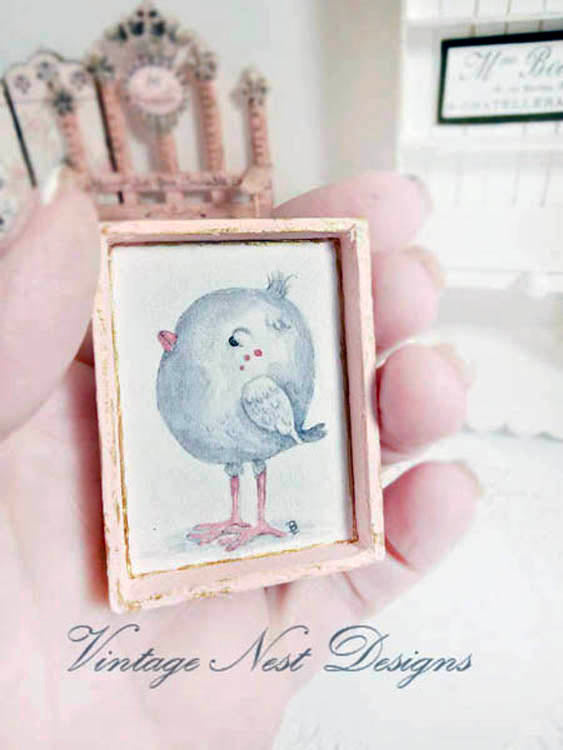 Miniature Pink Tweet No.1:3 Wood Frame Dollhouse Wall House Decor Diorama Shadow Box