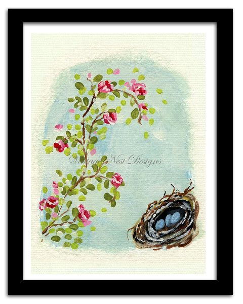 Framed artwork of a bird's nest with flowers on a light blue background