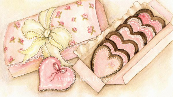 Digital Print Box of Chocolate Pink Cookies Watercolor Painting Instant Download