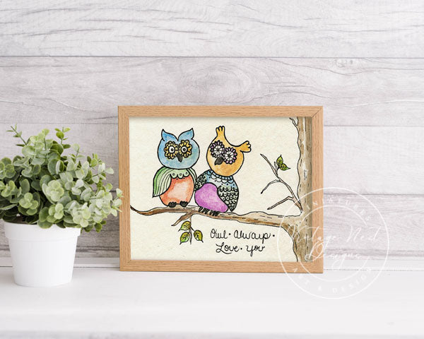 Peinture aquarelle Hibou Je t'aimerai toujours No.1 ACEO Impression numérique Téléchargement instantané