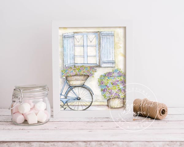 Digital Print Bicycle & Flowers No.1 Watercolor Painting Instant Download