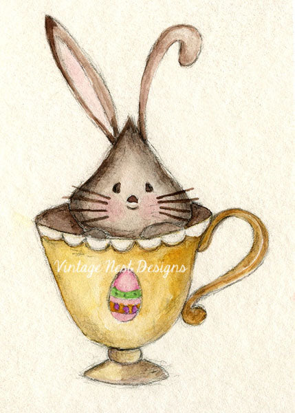 Digital Print Bunny in Cup No.1 Watercolor Painting Instant Download