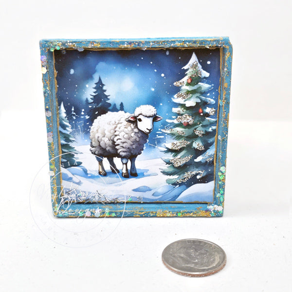 Miniature Christmas Ewe No.2:1 Dollhouse Handmade Wooden Framed Art