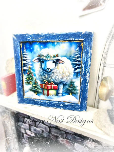 Miniature Christmas Ewe No.5:1 Handmade Wooden Framed Art for Dollhouse
