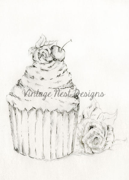 Dessin numérique de cupcake au crayon n°4 noir et blanc, téléchargement instantané