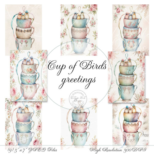 Digital Prints Cup of Birds No.1 Greetings Instant Download