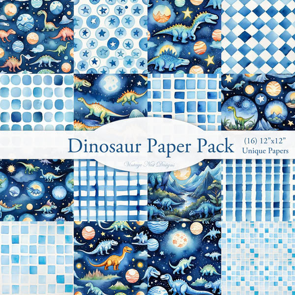 Lot de papiers imprimés numériques Dinosaures n°1, illustration pour scrapbooking, téléchargement instantané