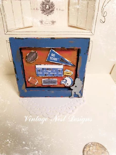 Miniature Football Collage No.1 Blue Wood Frame Dollhouse Diorama Shadow Box