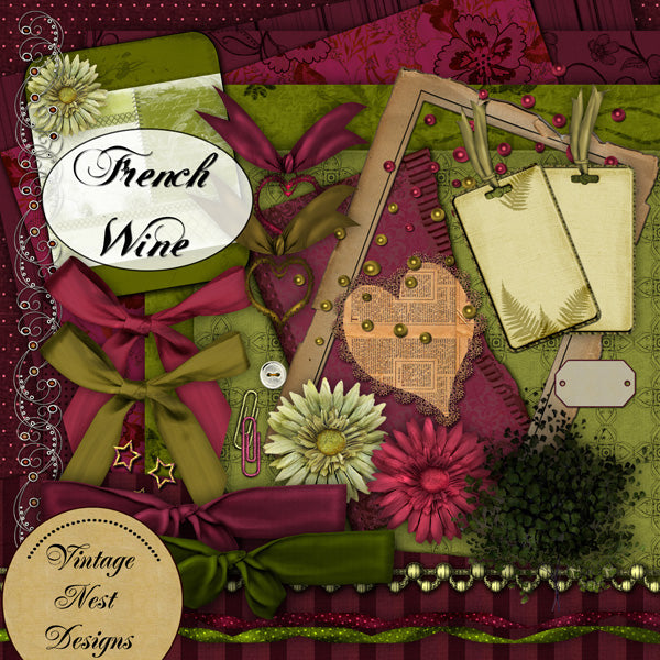 Digital Scrapbooking French Wine Kit Instant Download