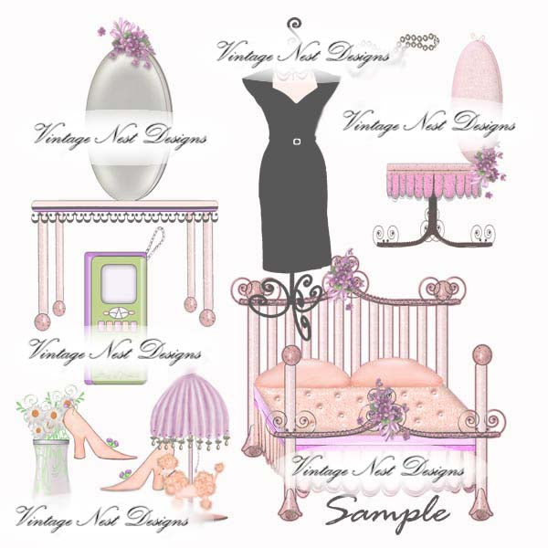 Digital Print Glamour Girl Bedroom Set No.1 Illustration Instant Download