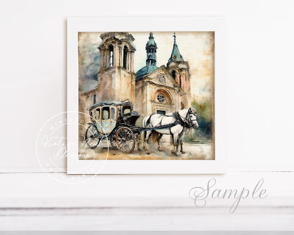 Artistic depiction of a horse-drawn carriage in front of a church.