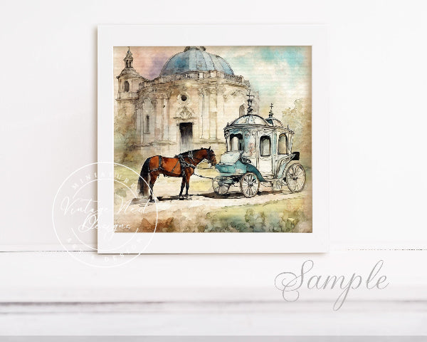 Watercolor painting of a horse and carriage in front of a building