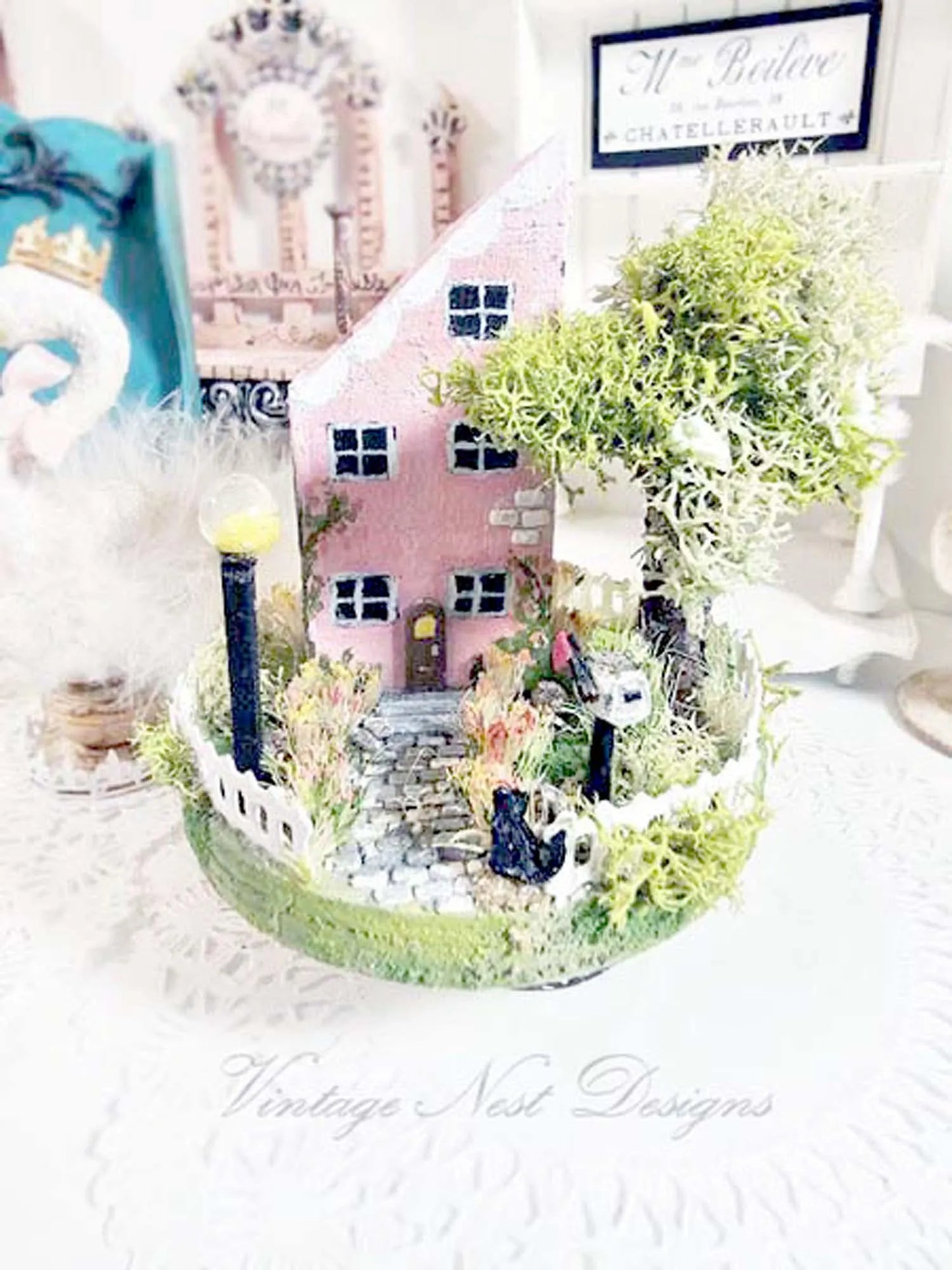 Miniature Putz Pink House No.42 Handmade Shadow Box Diorama