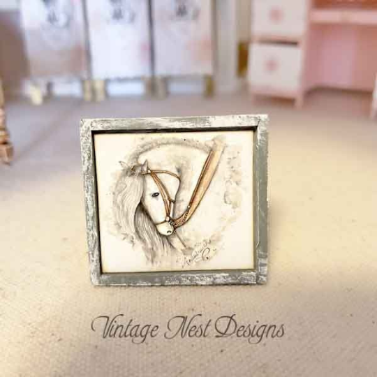 Andalusian Horse No.1:1 Dollhouse Miniature Handmade Wooden Framed Art image 6