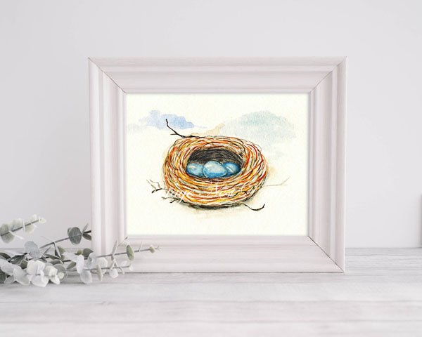 Bird Nest Blue Eggs No.1 Digital Prints Watercolor Painting image 3