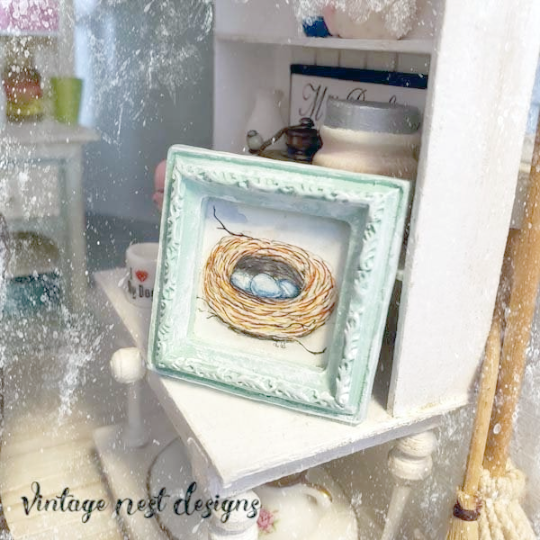 Bird Nest Blue Eggs No.1:1 Dollhouse Miniature Framed Art image 5