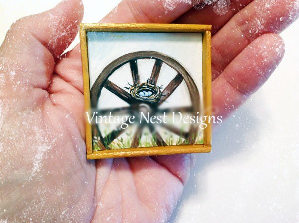 Bird Nest Wagon Wheel No.1:1 Dollhouse Miniature Handmade Wooden Framed Art image 1