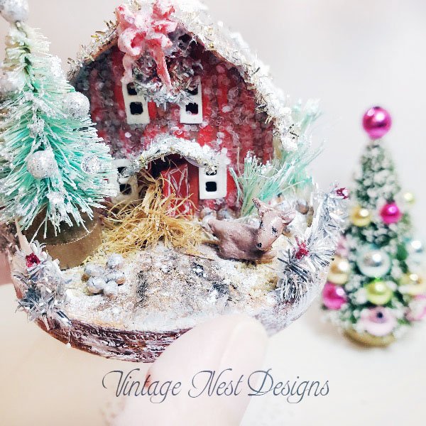 Christmas Putz Glitter Holiday Barn No.3 Handmade Miniature image 6