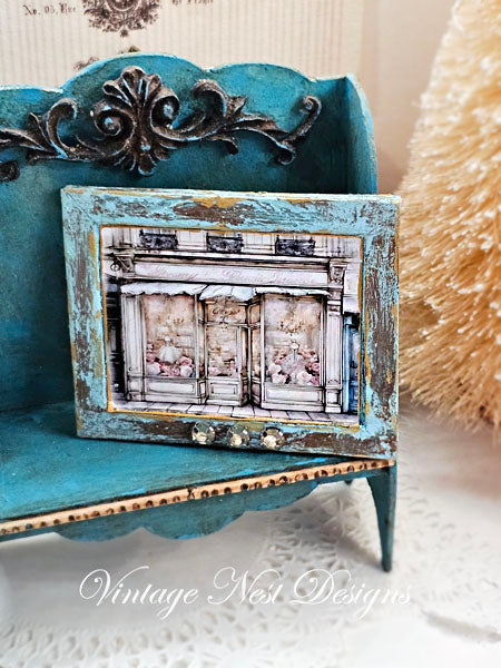 Französische Boutique Nr. 5:1 Puppenhaus Miniatur Handgemalte Kunst im Holzrahmen