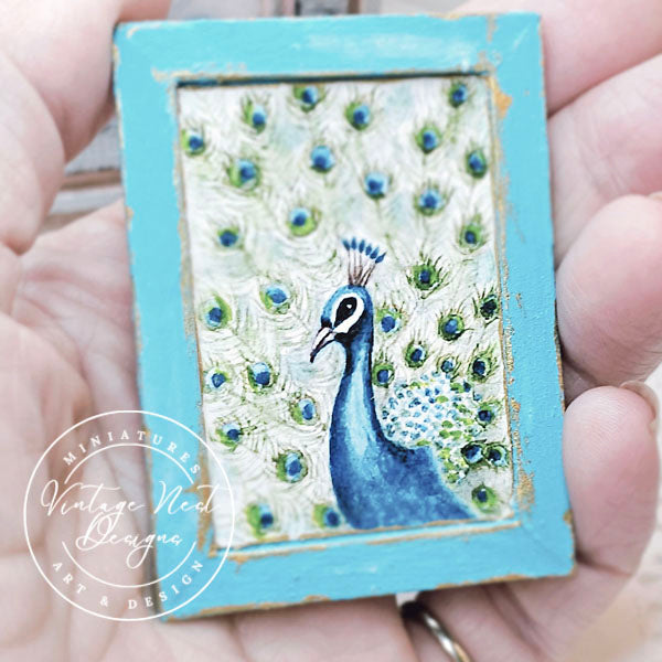 Miniature Peacock No.2:3 Handmade for Dollhouse Wooden Framed Art