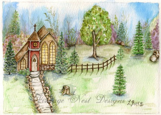 Church in the Woods No.2 Digital Prints Watercolor Painting image 1