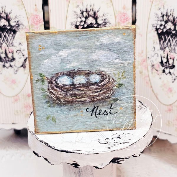 Bird Nest No.2:2 Dollhouse Miniature Original Painting Handmade Wooden Framed Art image 2