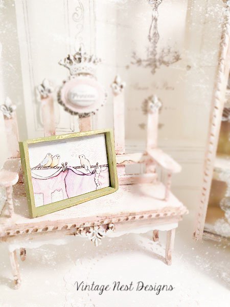 Laundry Birds No.1:1 Dollhouse Miniature Handmade Wooden Framed Art image 3