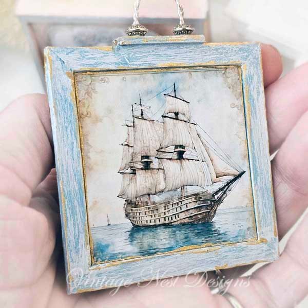 Ship Sailing Away No.1:1 Dollhouse Miniature Handmade Wooden Framed Art image 5