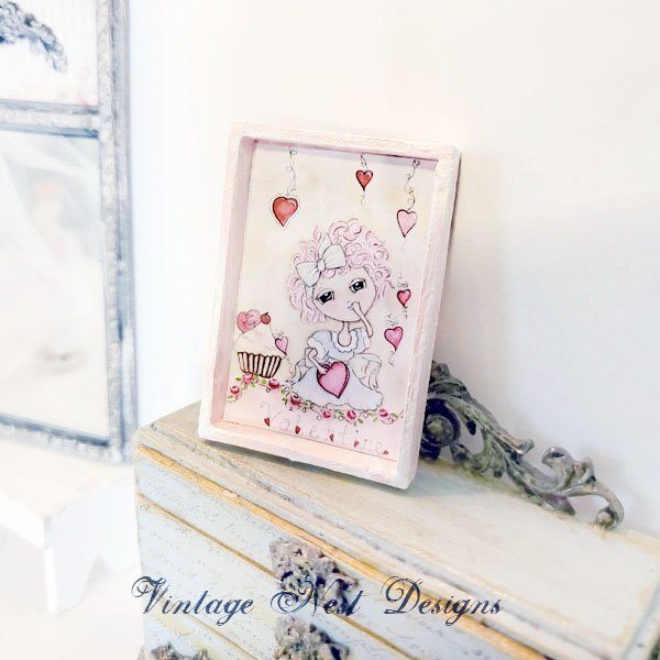 Pink Be my Valentine No.1:1 Dollhouse Miniature Handmade Framed Art image 1