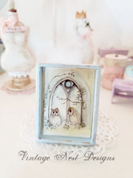 Two Owls in a Window No.1:1 Dollhouse Miniature Handmade Wooden Framed Art image 1