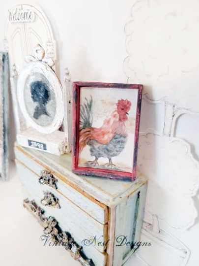Rooster No.4:2 Dollhouse Miniature Handmade Wooden Framed Art image 2