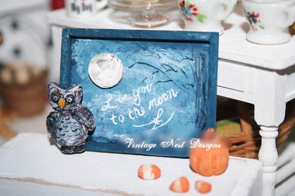 Love You to the Moon No.1:1 Dollhouse Miniature Handmade Wooden Framed Art image 0