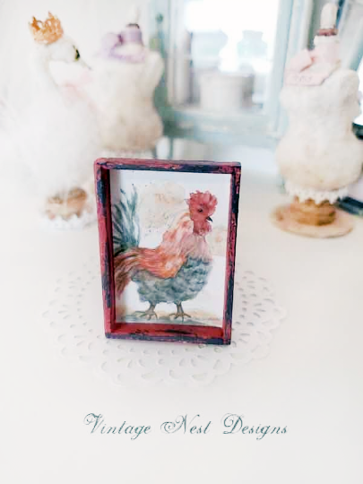 Rooster No.4:2 Dollhouse Miniature Handmade Wooden Framed Art image 0